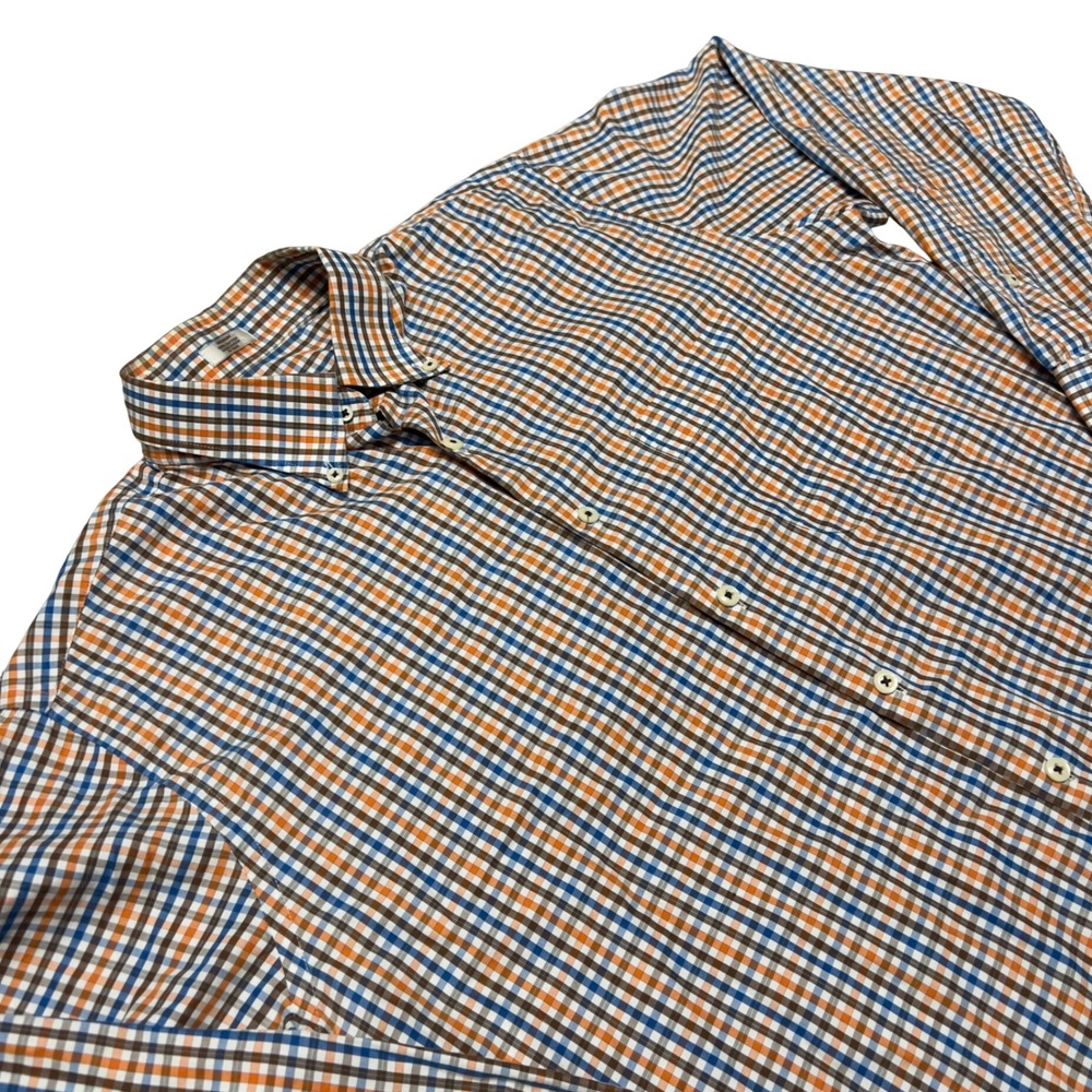 Peter Millar Mens Medium Orange Blue Check Cotton Button Down Long Sleeve Shirt